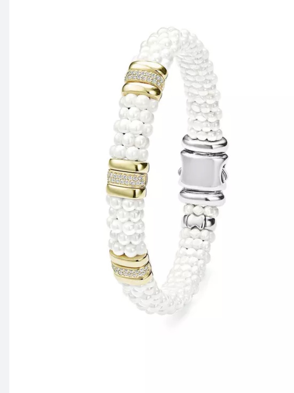 Lagos White Caviar Ceramic Diamond Three Station Bracelet Size L - 7.75/8 inches
